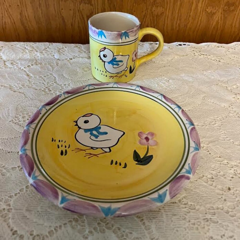 Vintage Hand-Painted World Bazars Ceramic EASTER CHICK Plate and Mug Set